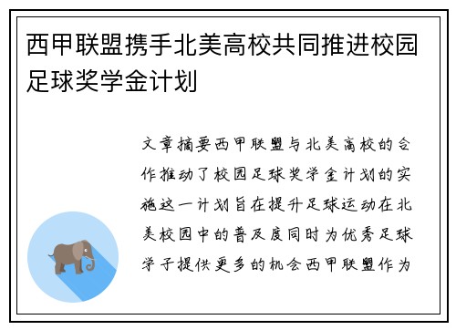 西甲联盟携手北美高校共同推进校园足球奖学金计划 西甲联盟携手北美高校共同推进校园足球奖学金计划